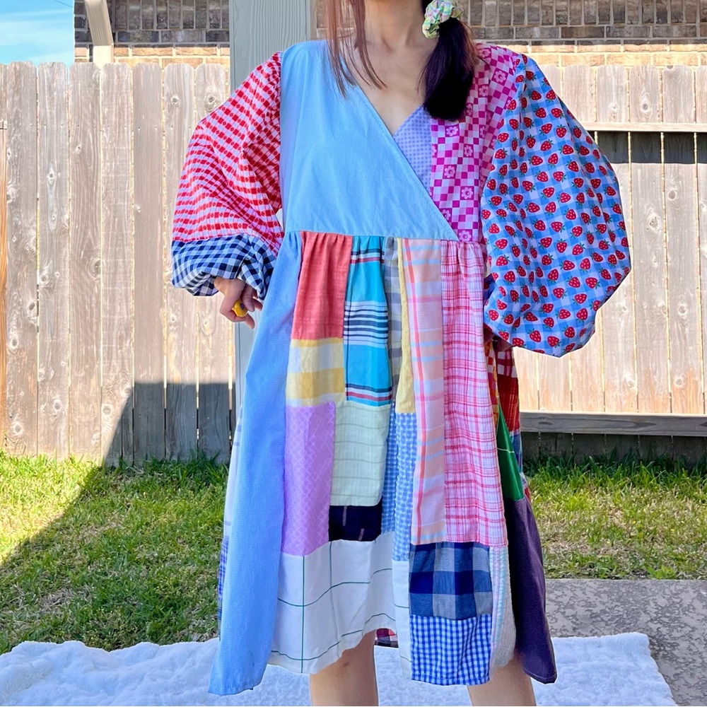 V-Neck | Handmade Quilted Patchwork Dress SKU 03187 Plaid+Checkered